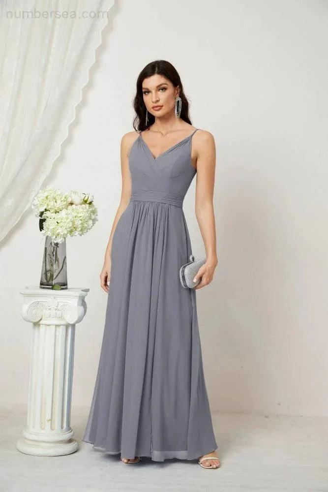 ZapDress Chiffon V-Neck Bridesmaid Dress Spaghetti Strap Long Formal Party Prom Gowns with Slit 28010 (ZD17028)