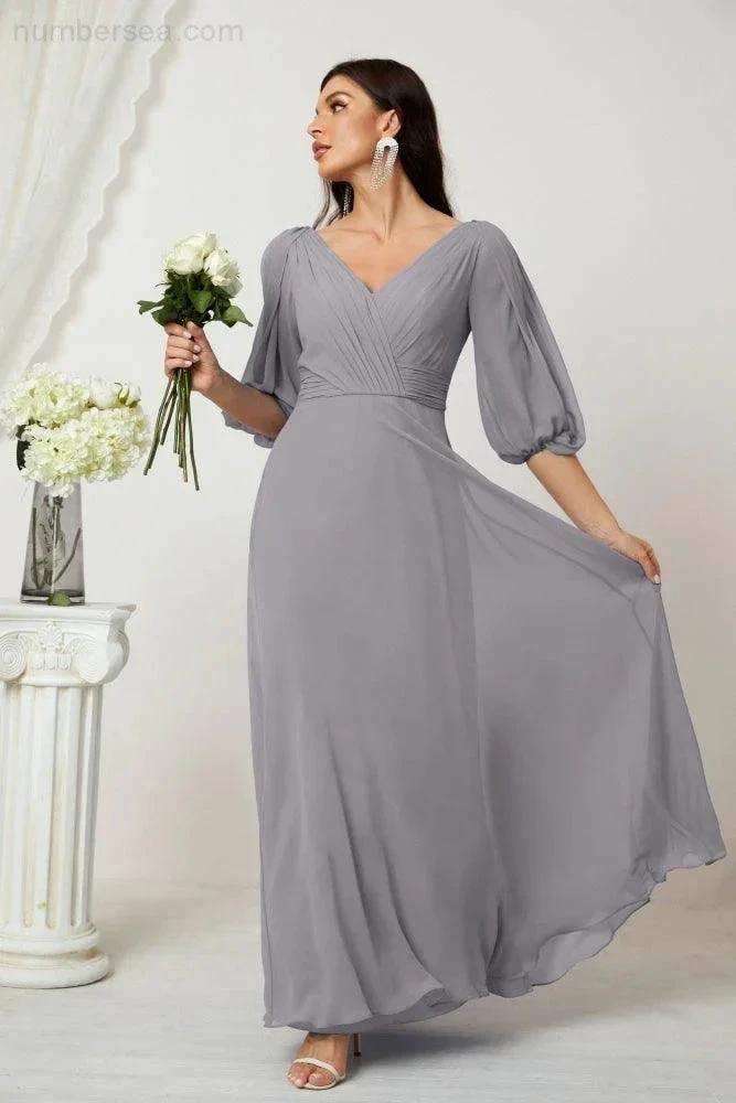 ZapDress  Formal Prom Gown Women V-Neck Chiffon Bridesmaid Dresses Long Bishop Sleeve Party Dress 2807 (ZD17027)