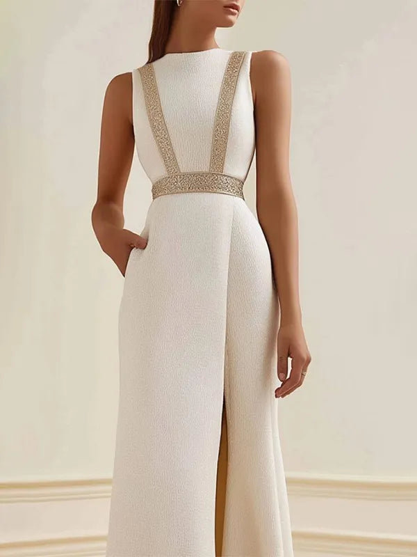 Semi-Formal Party Dress Beige Sleeveless Pocketed Side Slit Maxi Dress - View 2 | FashionDia