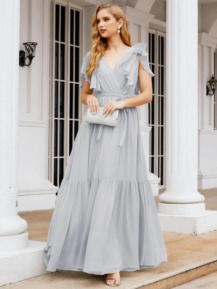 Numbersea Women's Open Back Formal Evening Party Prom Gowns V-Neck Long Chiffon Bridesmaid Dresses with Waist Belt 28038 by numbersea
