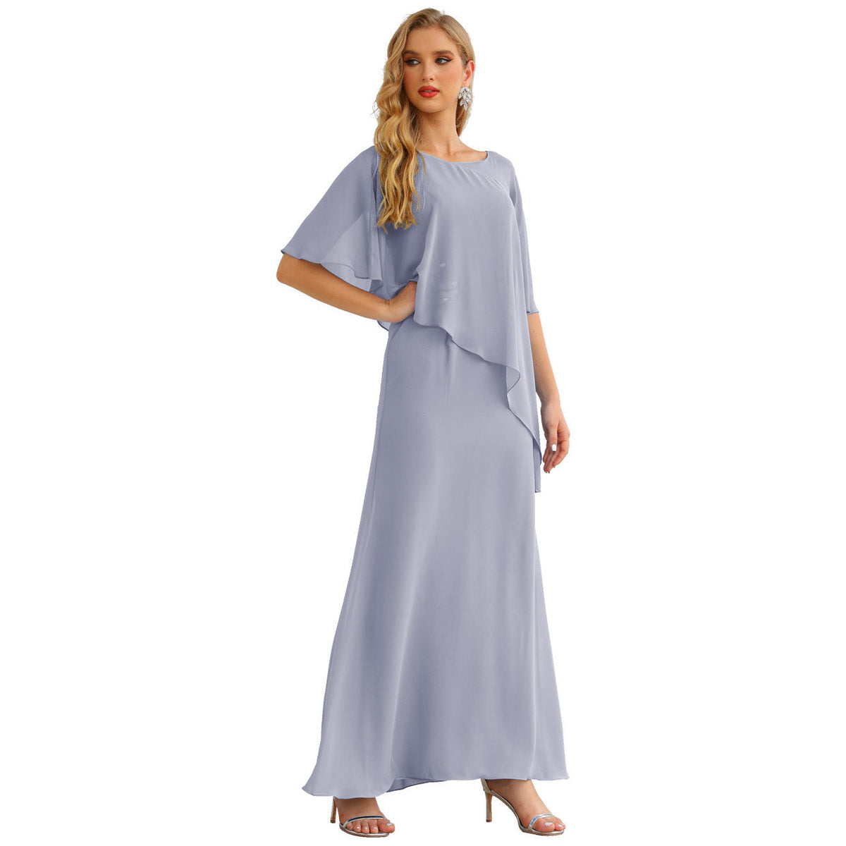 Sunnderly Chiffon Plus Size Mother of The Bride Dresses Formal Prom Gown Ruffle Cape