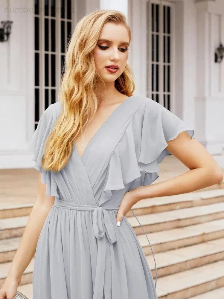 ZapDress Women's Open Back Formal Evening Party Prom Gowns V-Neck Long Chiffon Bridesmaid Dresses with Waist Belt 28038 (ZD17000)