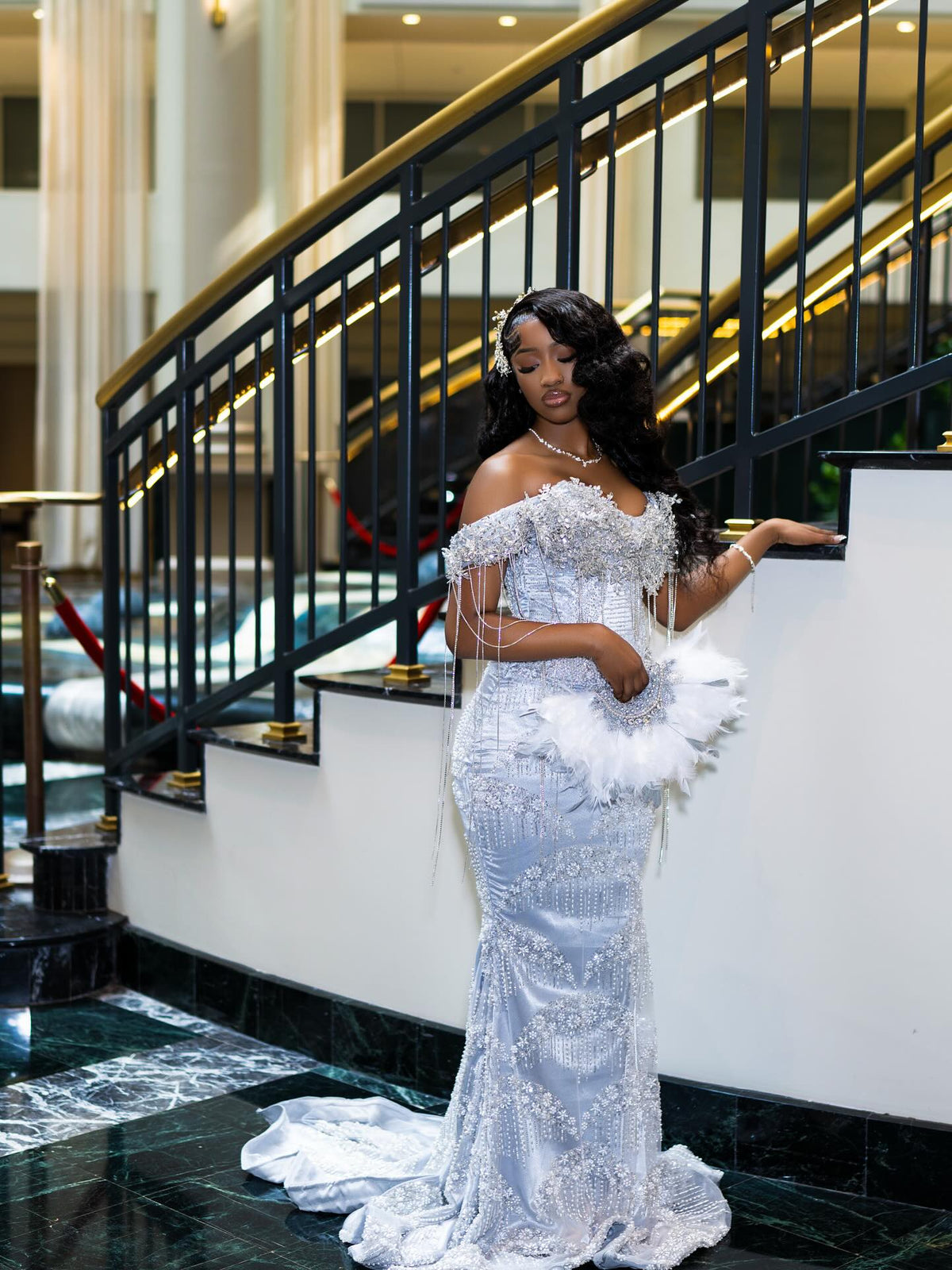 Luxury Glacial Silver Beaded Prom Dress – Crystal Fringe Mermaid Gown with Feather Accents | 2026 Couture Evening Collection (ZD17400)