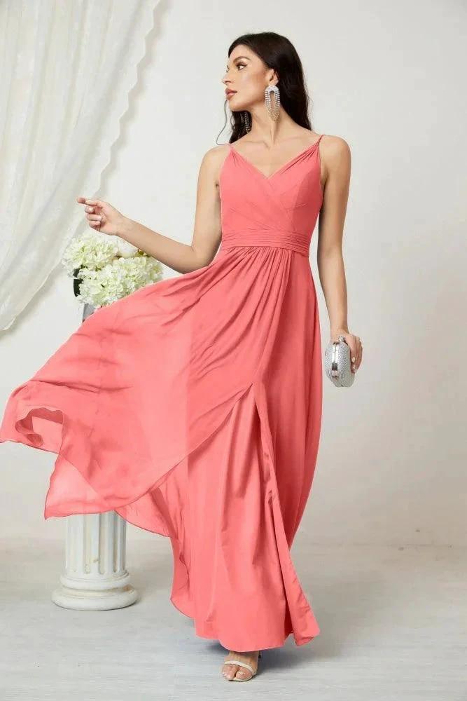 Numbersea Chiffon V-Neck Bridesmaid Dress Spaghetti Strap Long Formal Party Prom Gowns with Slit 28010 by numbersea