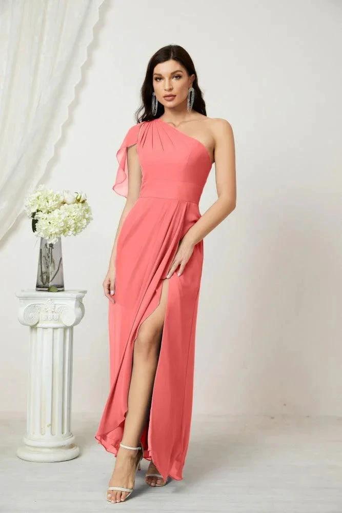 Numbersea Chiffon Ruffled One Shoulder Long Bridesmaid Dresses A-line Formal Evening Gown Side Split 2809 by numbersea