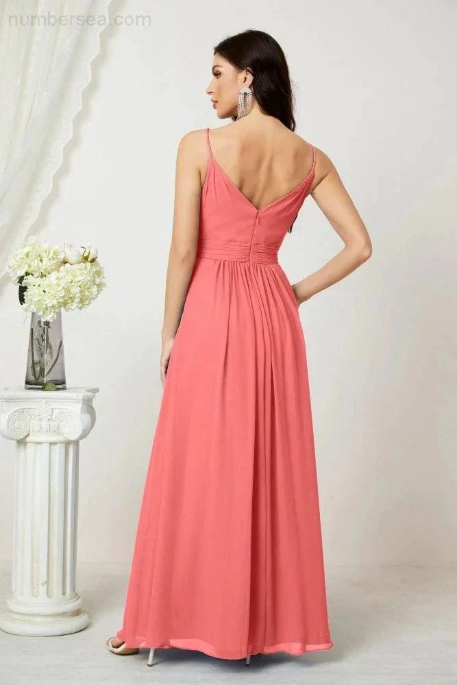 ZapDress Chiffon V-Neck Bridesmaid Dress Spaghetti Strap Long Formal Party Prom Gowns with Slit 28010 (ZD17028)