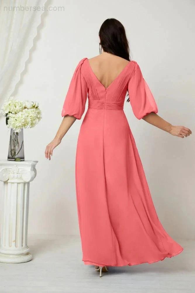 ZapDress  Formal Prom Gown Women V-Neck Chiffon Bridesmaid Dresses Long Bishop Sleeve Party Dress 2807 (ZD17027)