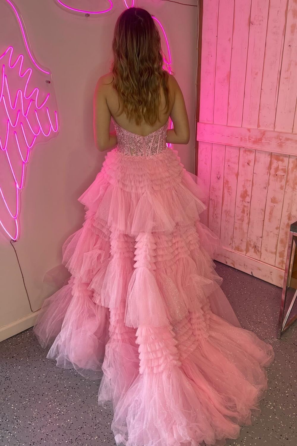 Lavender Glitter A-Line Halter Neck Open Back Long Ruffle Tulle Prom Dress