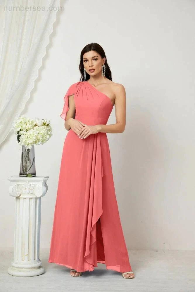 ZapDress  Chiffon Ruffled One Shoulder Long Bridesmaid Dresses A-line Formal Evening Gown Side Split 2809 (ZD17049)