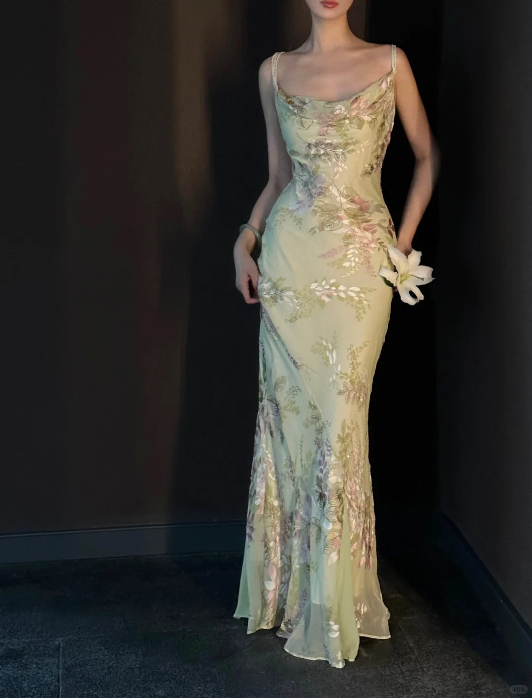 Vintage Light Green Printed Mermaid Strap Chiffon Long Prom Dress Evening Dress