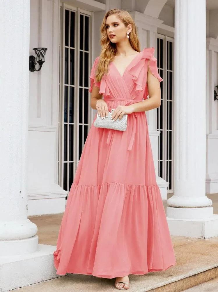Numbersea Women's Open Back Formal Evening Party Prom Gowns V-Neck Long Chiffon Bridesmaid Dresses with Waist Belt 28038 by numbersea