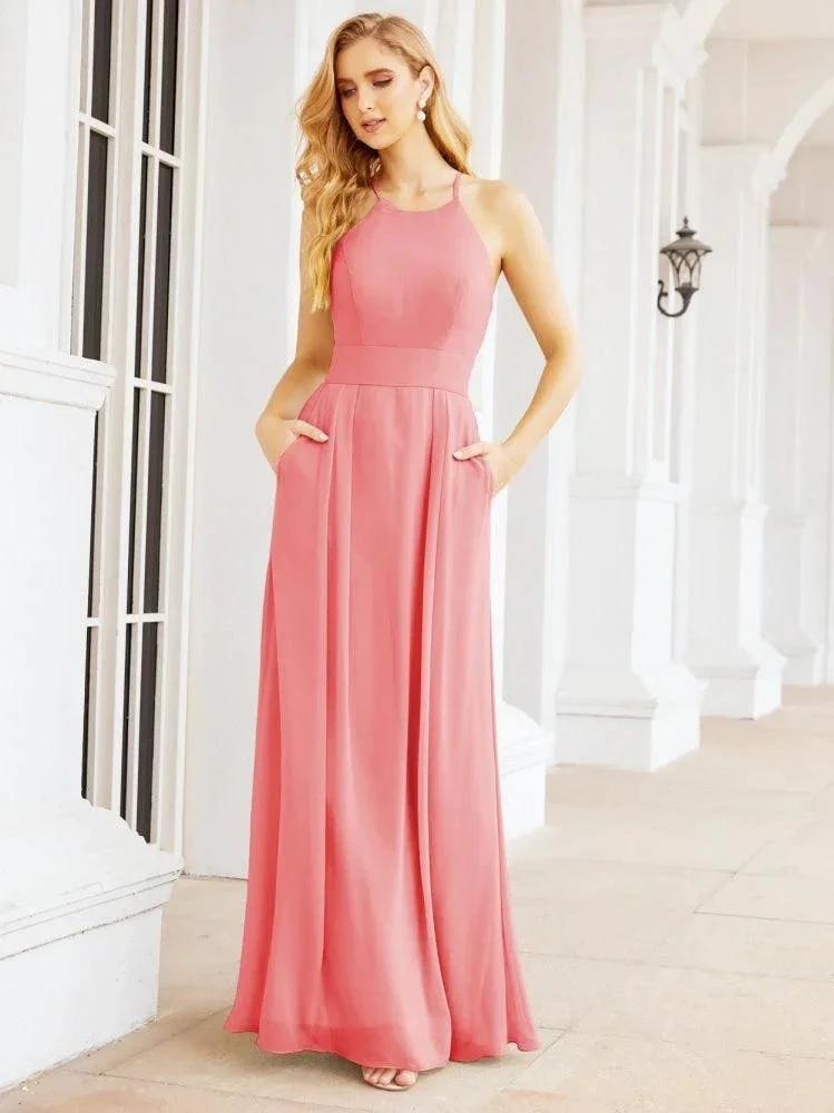 Numbersea Halter Bridesmaid Dresses with Pockets Sleeveless Formal Evening Party Prom Gowns 28055 by numbersea