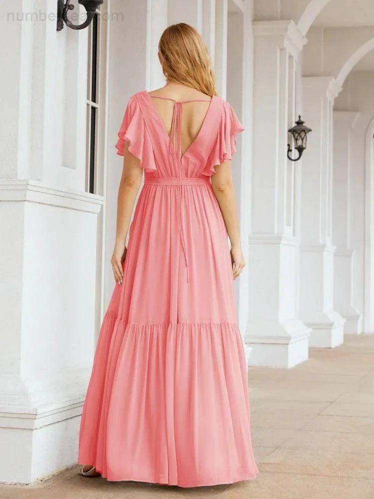 ZapDress Women's Open Back Formal Evening Party Prom Gowns V-Neck Long Chiffon Bridesmaid Dresses with Waist Belt 28038 (ZD17000)
