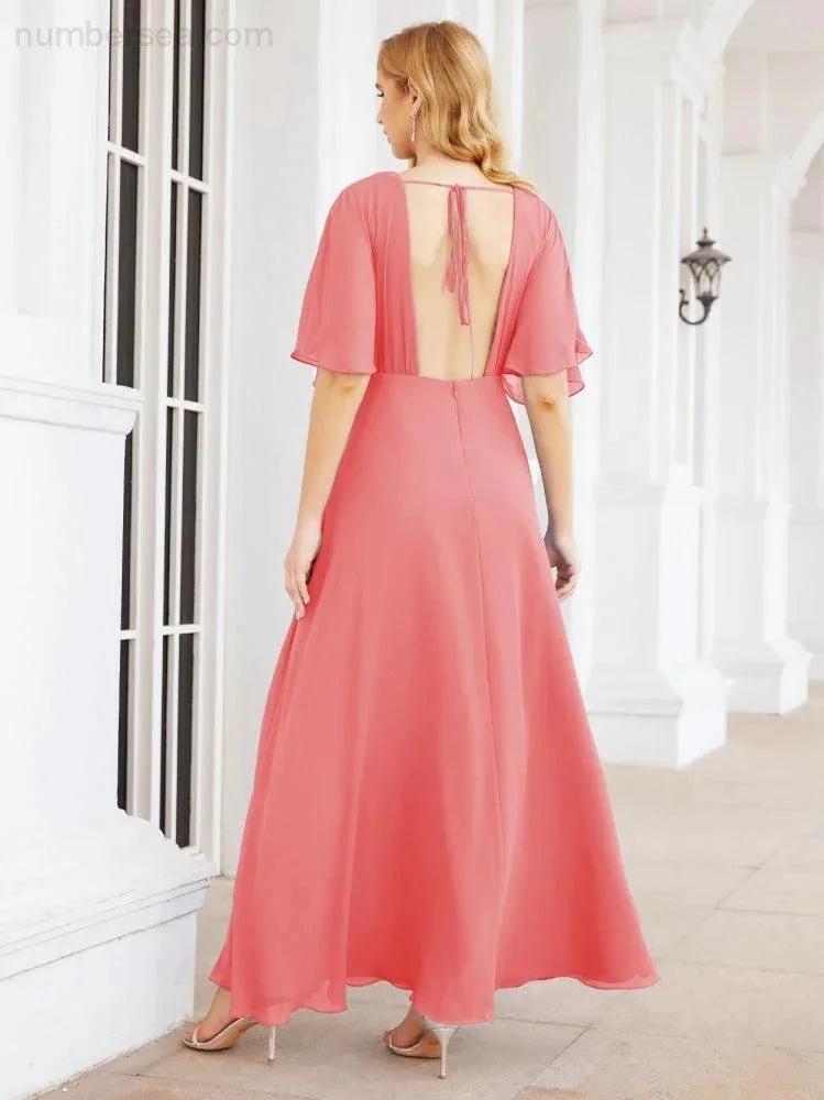 ZapDress V-Neck Bridesmaid Dress Chiffon Long Open Back Formal Dresses for Women Party Evening 28067 (ZD17046)