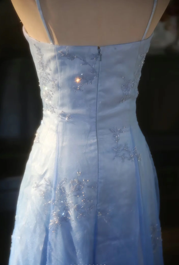 Vintage Gradient Light Blue A-Line Spaghetti Strap Beaded Tulle Long Prom & Evening Dress - View 8 | FashionDia