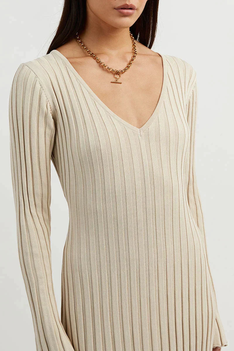 Luisa Elevated Knitted Midi Dress with V Neck and Sleeves Boutique Collection