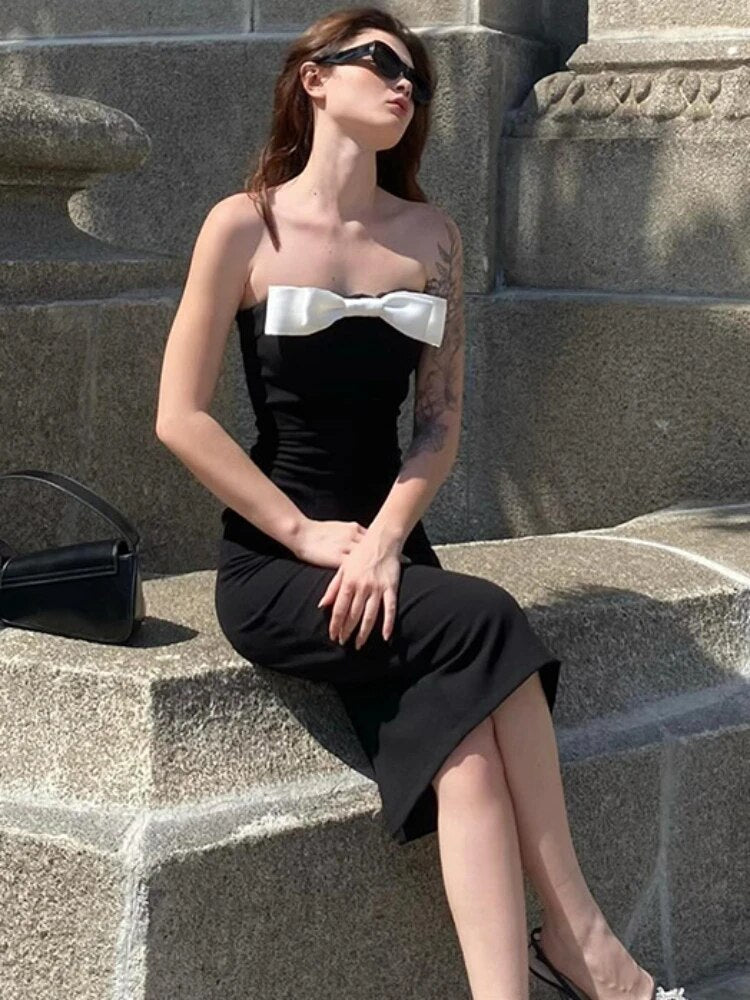 TARUXY Black Splice Bow Long Dress Women Sexy Slit Bodycon Off Shoulder Dresses Lady Wedding Elegant Party Evening Dress Femme - View 3 | VelvetHem