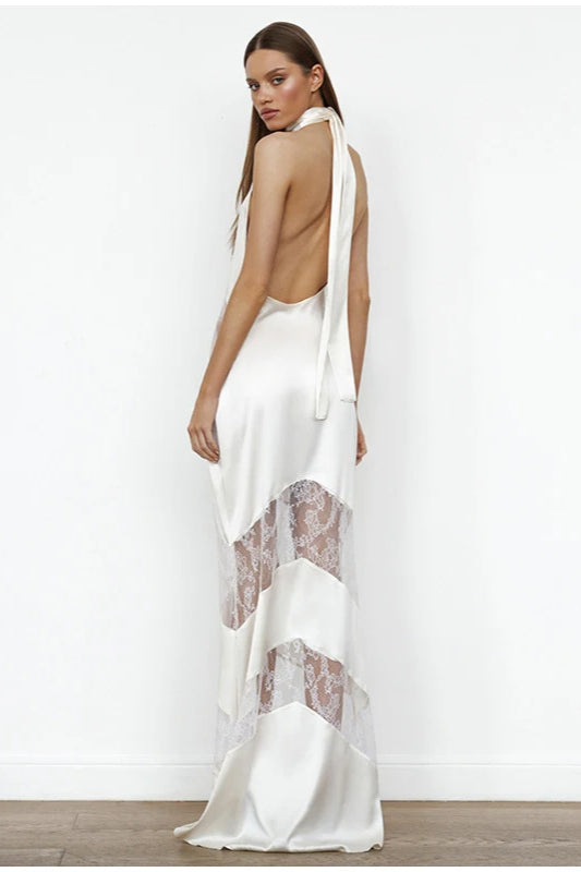 Slim Elegant V Neck Lace Halter Maxi Dress