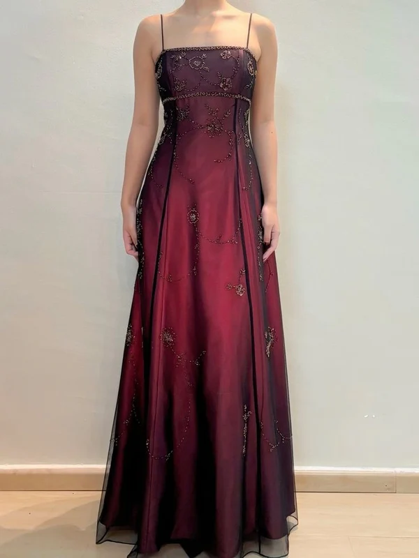 Spaghetti Straps Burgundy Beaded Long Prom Dress Vintage Evening Dress