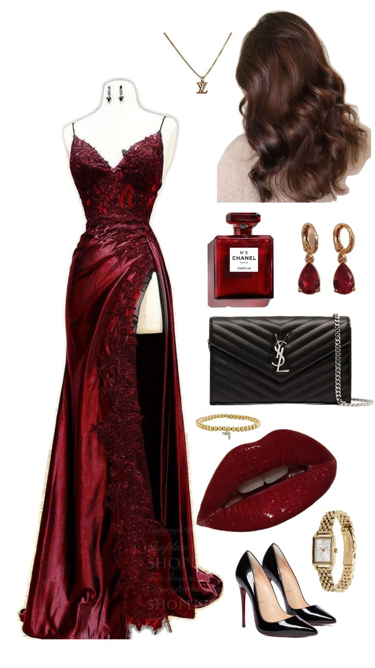 Elegant Burgundy Satin Appliques Evening Dress Slit Prom Party Dress