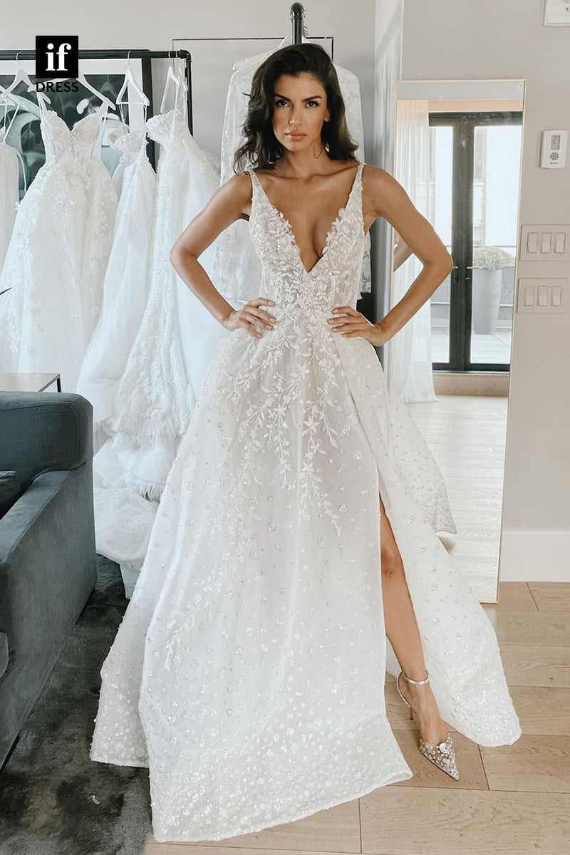 30546 - Classic A-Line V-Neck Lace Appliques  Boho Wedding Dress
