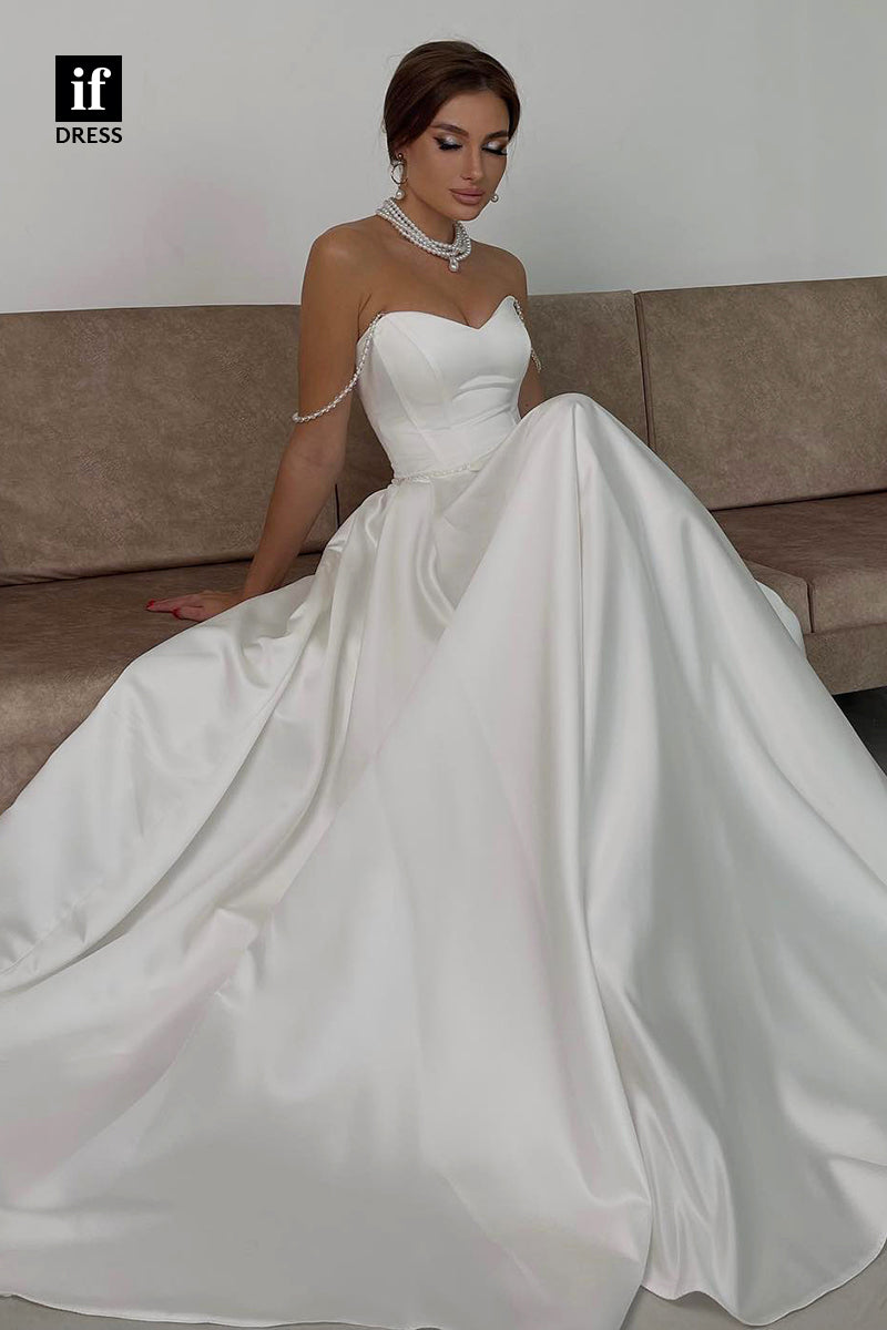 30582 - Illusion V-Neck Off-Shoulder Satin Bohemian Wedding Dress