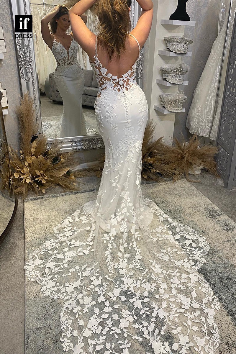 30585 - Backless Trumpet V-Neck Lace Wedding Dress