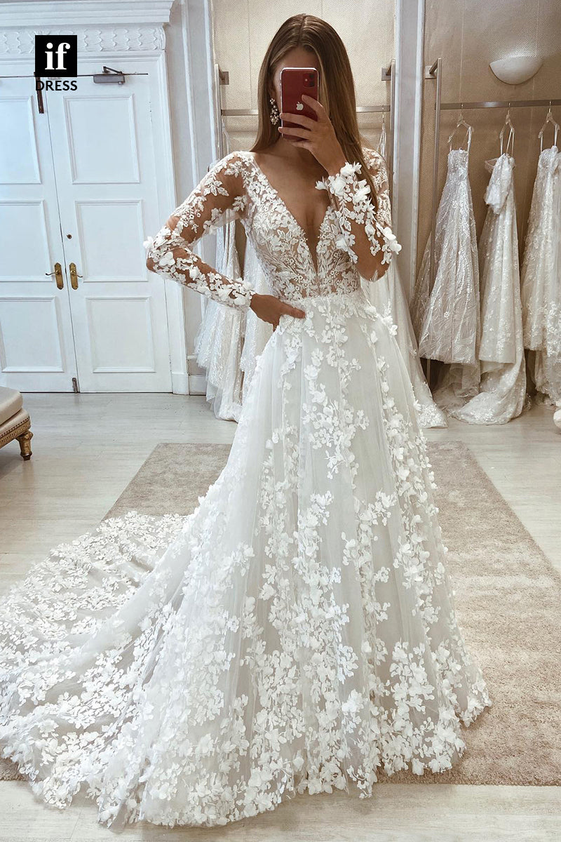 30587 - A-Line Illusion V-Neck Long Sleeves Lace Appliques Wedding Dress