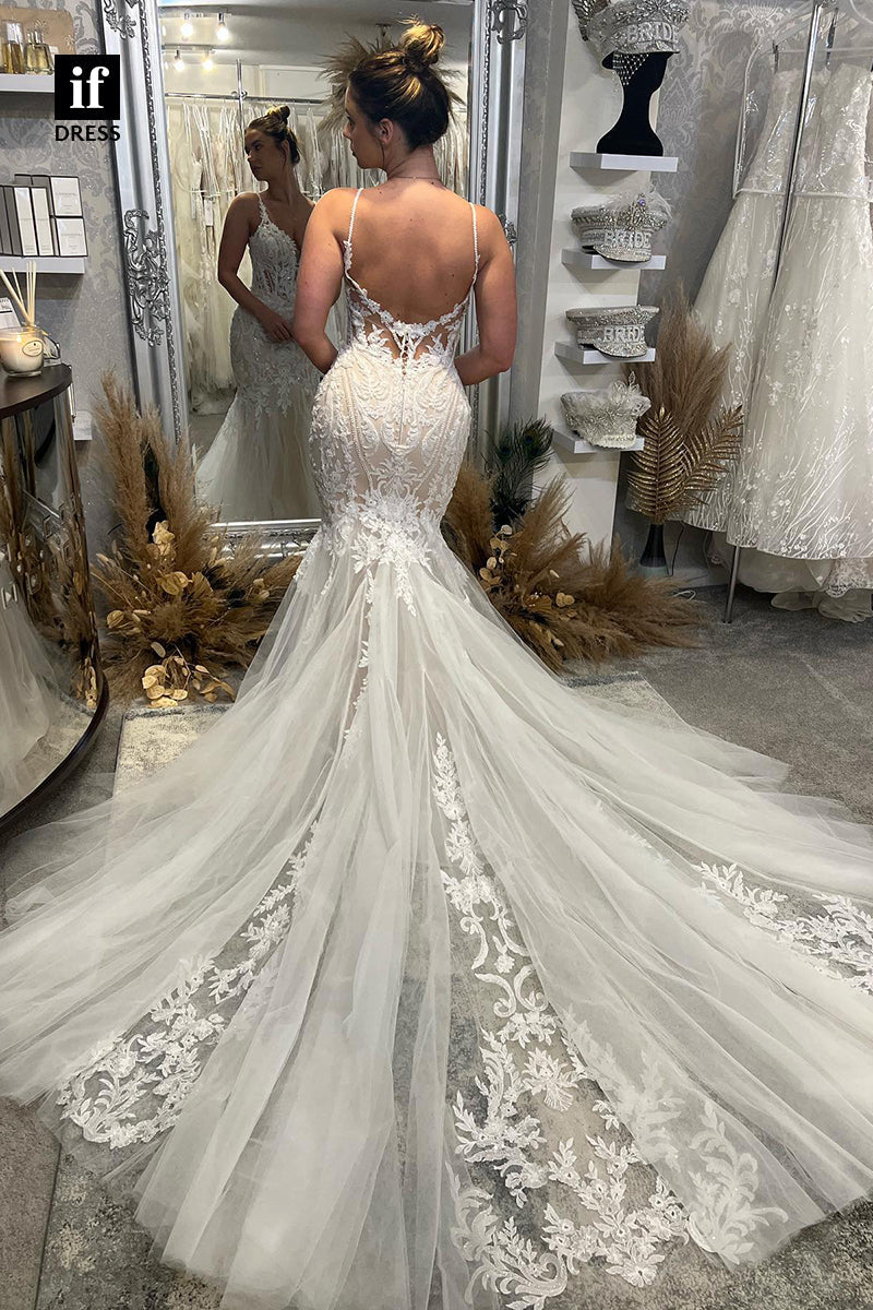 30588 - Sexy Spaghetti Straps V-Neck Trumpet Appliques Wedding Gown