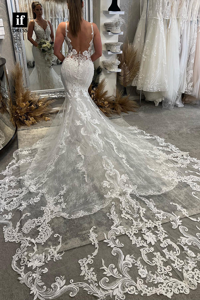 30590 - Illusion Spaghetti Straps V-Neck Trumpet Wedding Dress