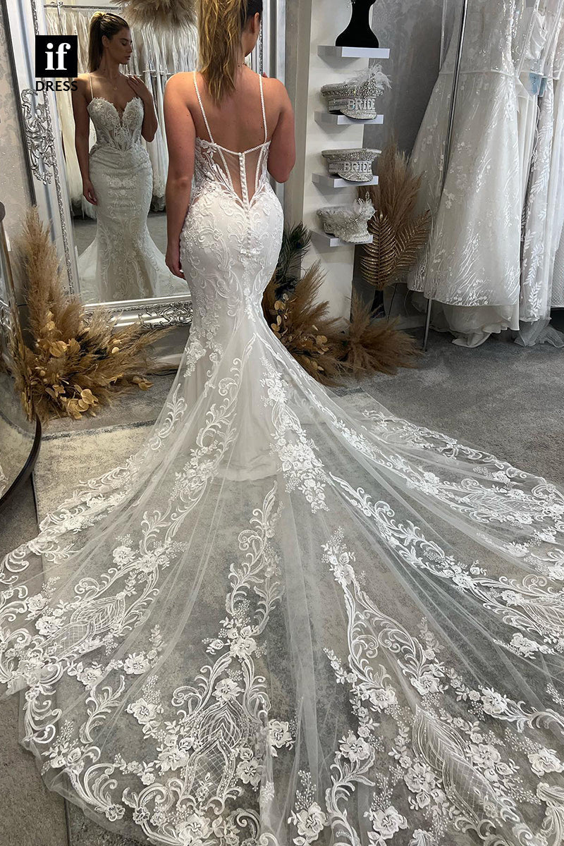 30592 - Illusion Spaghetti Straps Backless Tulle Printed Wedding Dress
