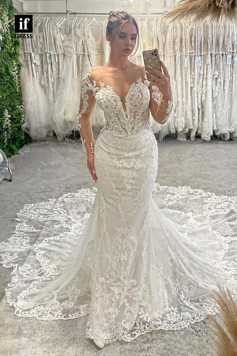 30594 - Elegant Long Sleeves V-Neck Lace Appliques Trumpet Wedding Dress