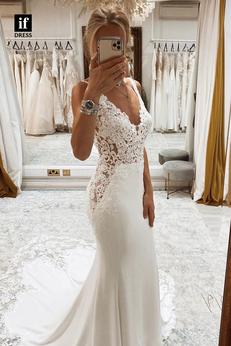 30595 - Illusion V-Neck Sleeveless Lace Appliques Trumpet Wedding Dress