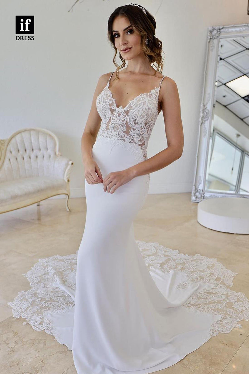 30599 - Sexy Spaghetti Straps V-Neck Appliques Trumpet Wedding Dress