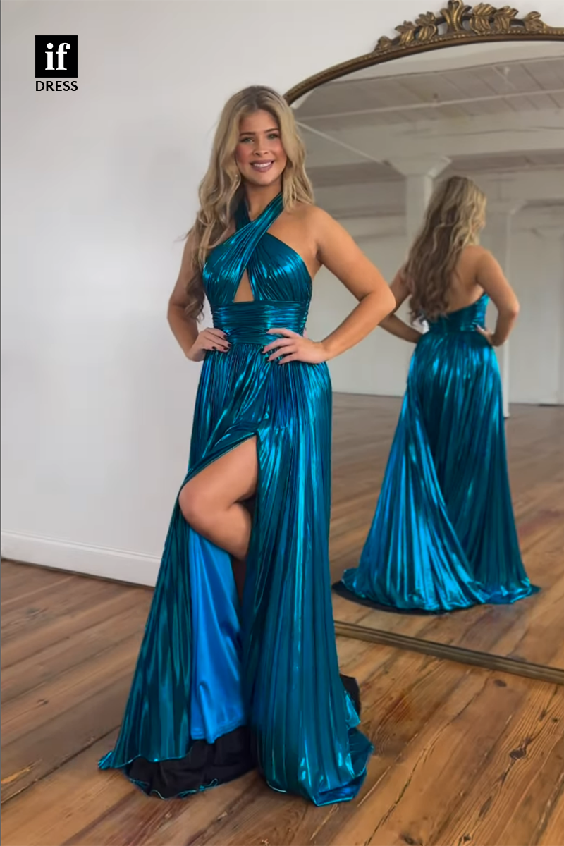 30824 - Halter High Split Pleated Sleeveless A-Line Party Prom Dress