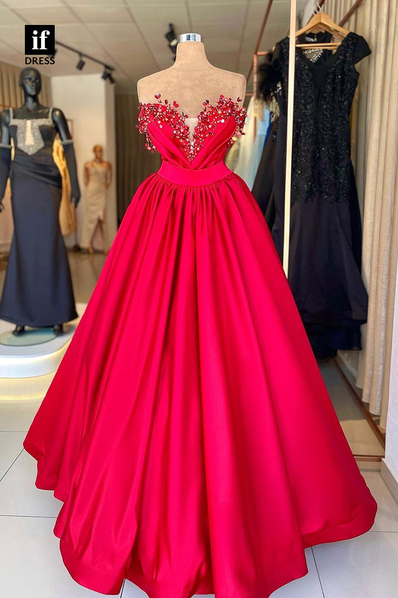 30827 -  Strapless A-Line Beading Pleated Satin Long Prom Evening gowns