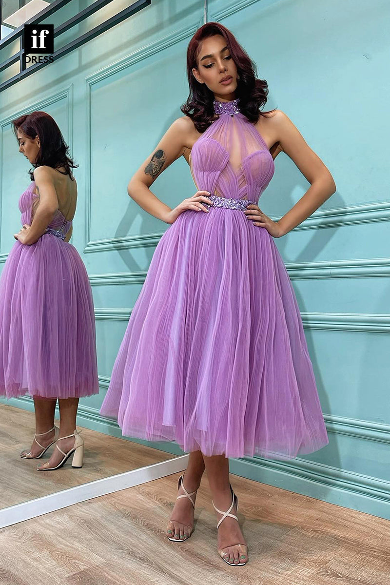30908 - High Neckline Beads Vintage Prom Formal Dress