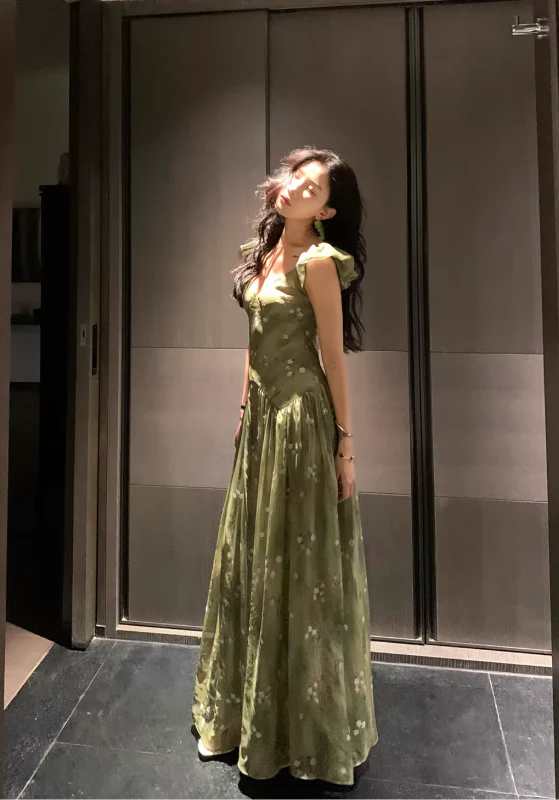 A Line V Neck Prom Party Dress Chiffon Green Flora Evening Dress