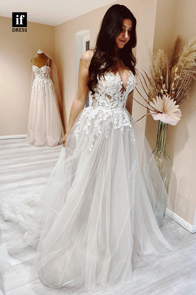 31677 - Plunging V-Neck Lace Appliques A Line Rustic Wedding Dress