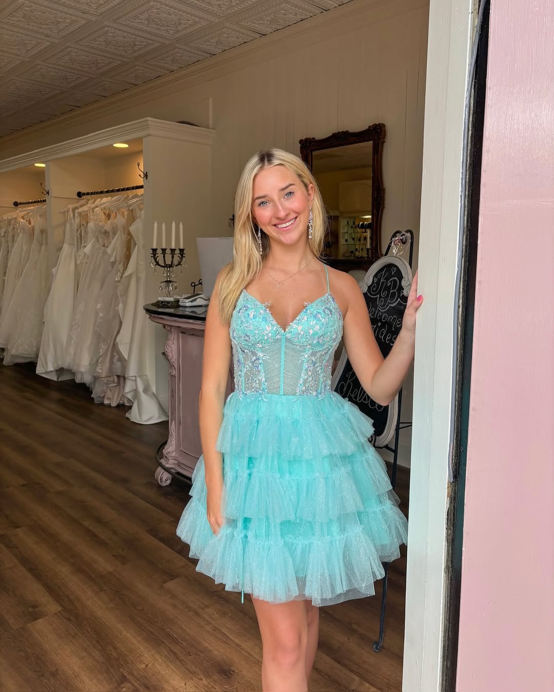 Gorgeous A Line Spaghetti Straps Blue Short Homecoming Dress with Appliques