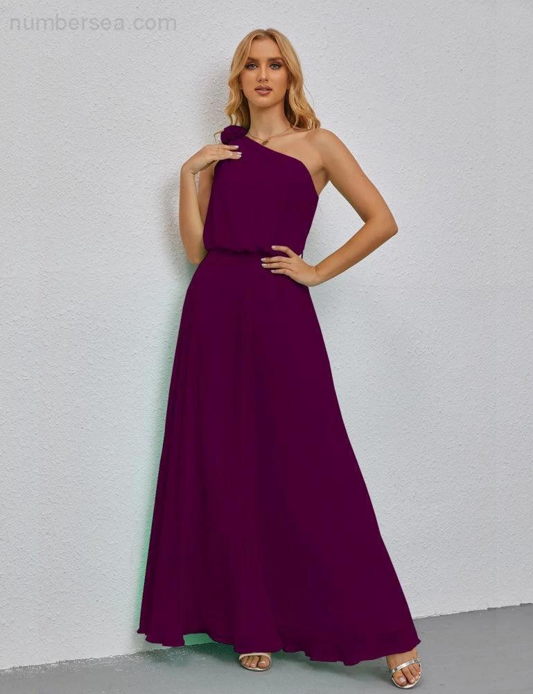 Ruffled One Shoulder Sleeveless Long Bridesmaid Dresses A-line Formal Evening Gown Side Split 28080 (ZD17018)