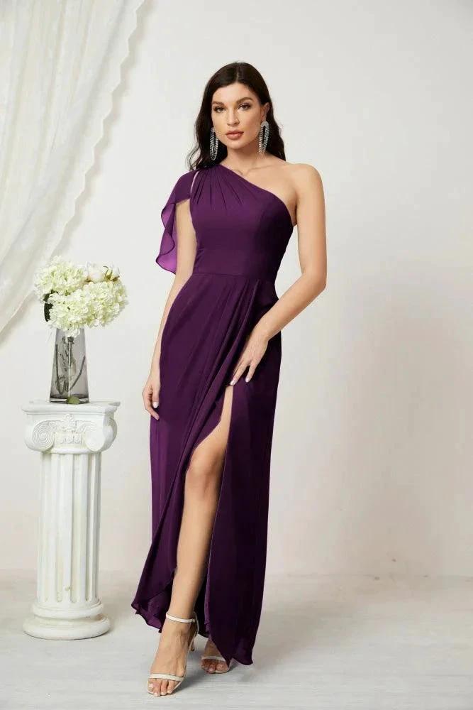 Numbersea Chiffon Ruffled One Shoulder Long Bridesmaid Dresses A-line Formal Evening Gown Side Split 2809 by numbersea