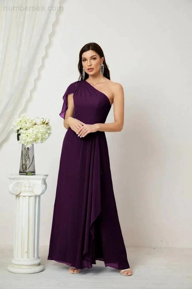 ZapDress  Chiffon Ruffled One Shoulder Long Bridesmaid Dresses A-line Formal Evening Gown Side Split 2809 (ZD17049)