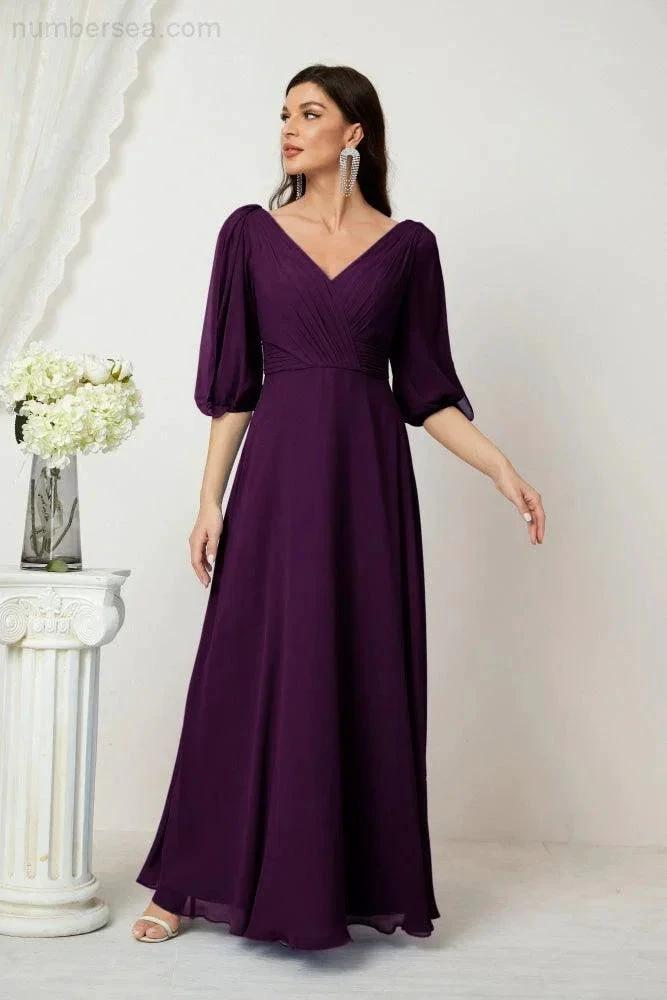 ZapDress  Formal Prom Gown Women V-Neck Chiffon Bridesmaid Dresses Long Bishop Sleeve Party Dress 2807 (ZD17027)