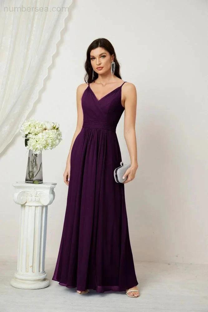 ZapDress Chiffon V-Neck Bridesmaid Dress Spaghetti Strap Long Formal Party Prom Gowns with Slit 28010 (ZD17028)
