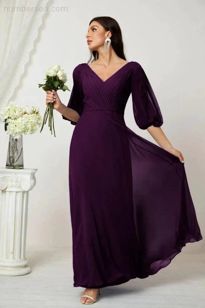 ZapDress  Formal Prom Gown Women V-Neck Chiffon Bridesmaid Dresses Long Bishop Sleeve Party Dress 2807 (ZD17027)