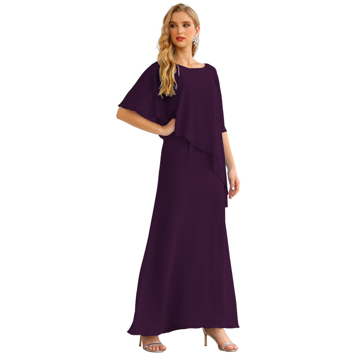 Sunnderly Chiffon Plus Size Mother of The Bride Dresses Formal Prom Gown Ruffle Cape