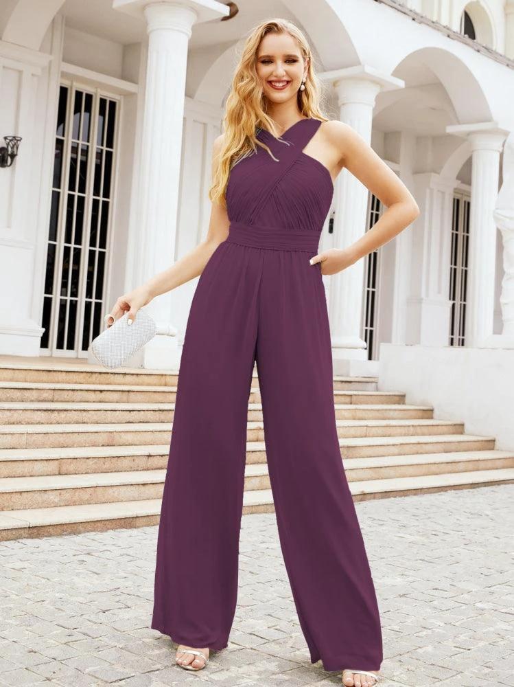 Numbersea Crisscross Neck Jumpsuit Formal Evening Dress Long Bridesmaid Dresses Bell-bottomed Pants 28033 by numbersea