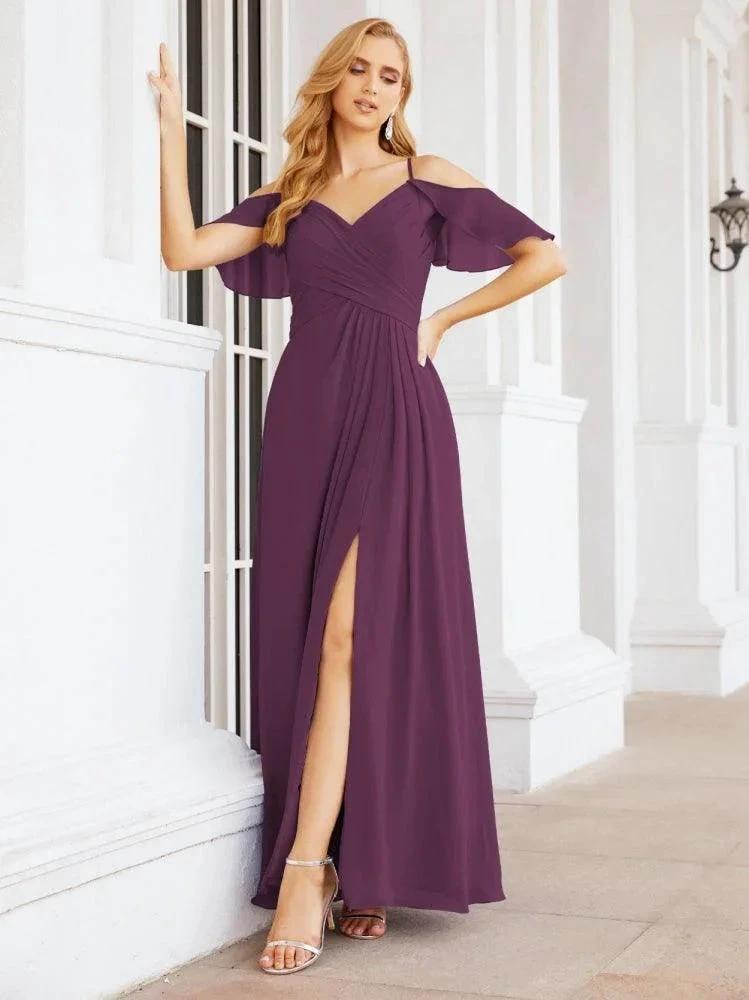 Numbersea Cold Shoulder Long Bridesmaid Dresses Side Slit Formal Prom Gowns Party Wedding 28070 by numbersea