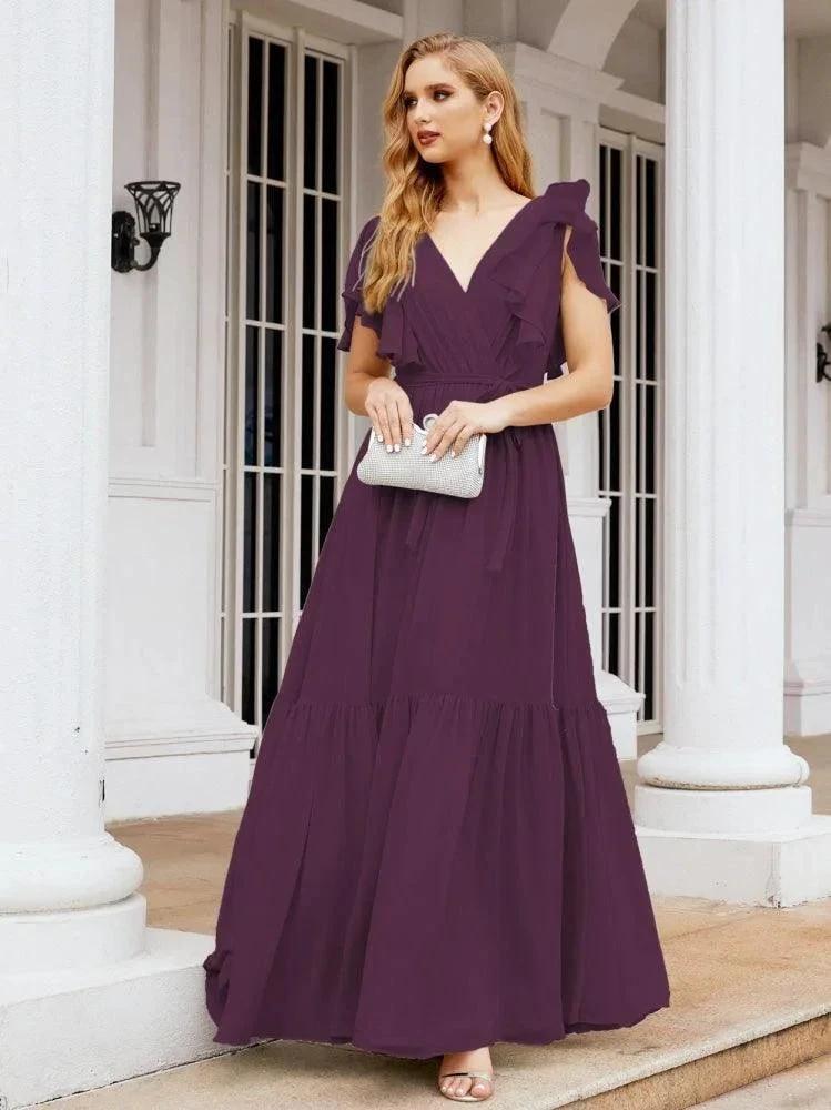 Numbersea Women's Open Back Formal Evening Party Prom Gowns V-Neck Long Chiffon Bridesmaid Dresses with Waist Belt 28038 by numbersea